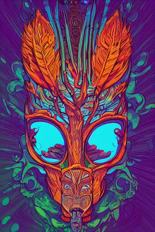 Image similar to animal mask totem roots tribal feather gemstone plant wood rock shaman vodoo video game vector illustration vivid multicolor borderlands comics by josan gonzales and dan mumford radiating a glowing aura