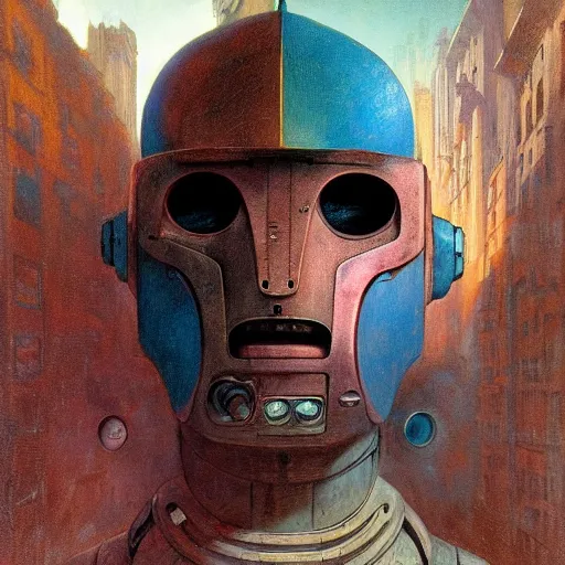 Prompt: vibrant portrait of masked diesel punk robot on the art deco streets of the big city, artstation, award - winning realistic sci - fi concept art by jim burns and greg rutkowski, beksinski, a realism masterpiece, muted colors, james gilleard, bruegel, alphonse mucha, and yoshitaka amano