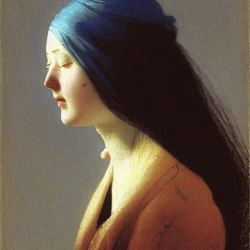 Image similar to a young woman’s face, her hair is white, her eyes are covered with a flowing blue satin blindfold, by ivan aivazovsky and alma tadema and and willen claesz heda and aelbert cuyp and gerard ter borch