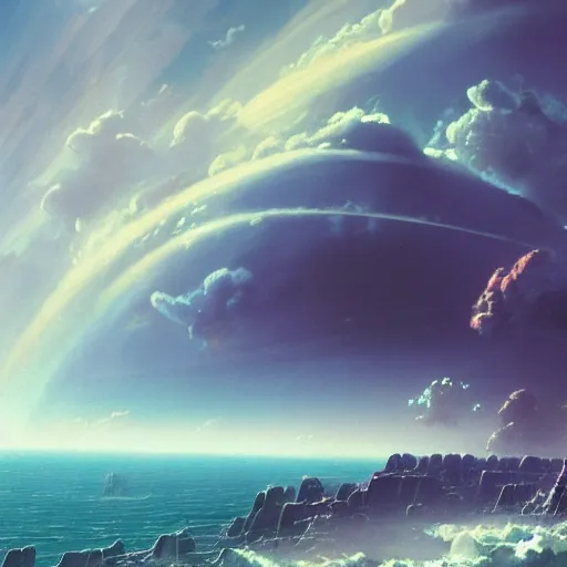 Image similar to beautiful matte painting of a dreamy ocean with clouds, sci - fi, daylight, blue sky, cinematic lighting, cinematic perspective, planet above, syd mead, john harris, federico pelat, detailed, 4 k, hd