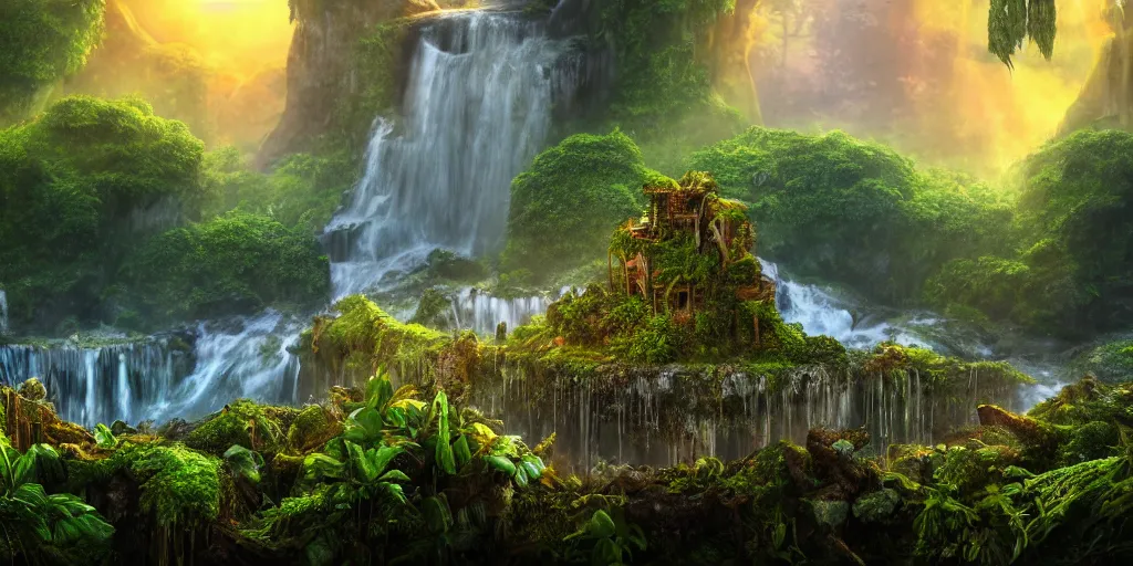 Prompt: a rusty ethereal ghost shipwreck in a prehistoric jungle, lush flora, waterfall, towering mountains, flowers, vines, sunset, hazy, volumetric lighting, rtx on, washed out colors, an award winning digital render, beautiful, stunning, ultradetailed, great composition