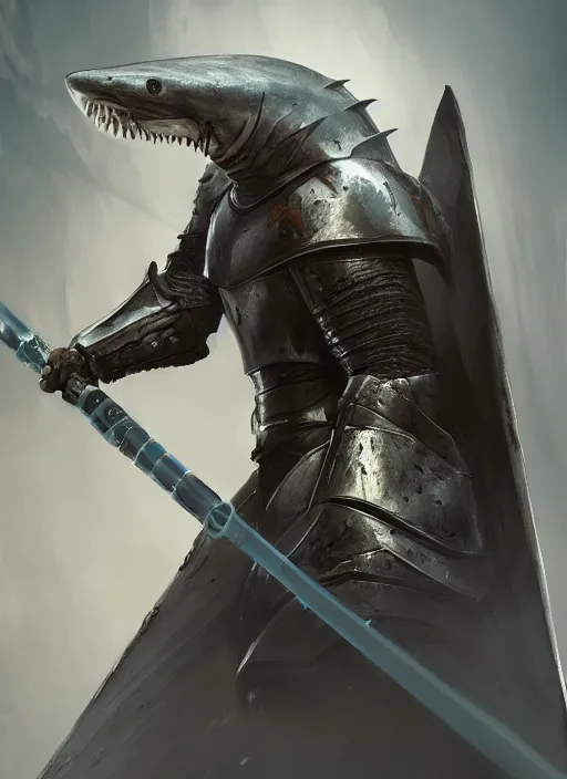 Prompt: side portrait of a shark in knight armor holding a lightsaber, 3 d render, hyper - realistic, detailed, ruan jia, wlop, fantasy, scifi, magic the gathering