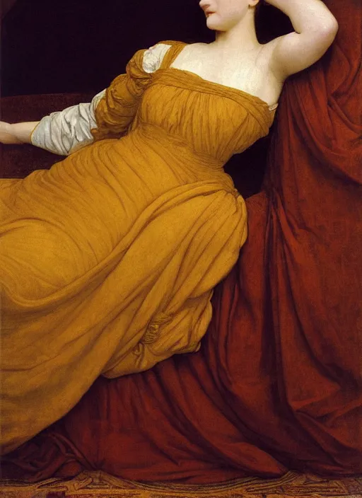 Image similar to masterpiece portrait of lady reclining on bed, flowing cloth floating in the wind, wearing yellow ochre ornate medieval dress, vertical, foreshortening, colour photography by frederic leighton, william morris, 8 k