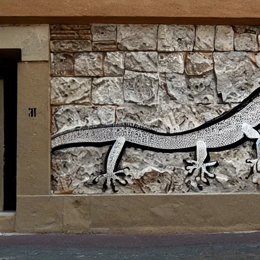 Prompt: a lizard, vhils, stone, wall