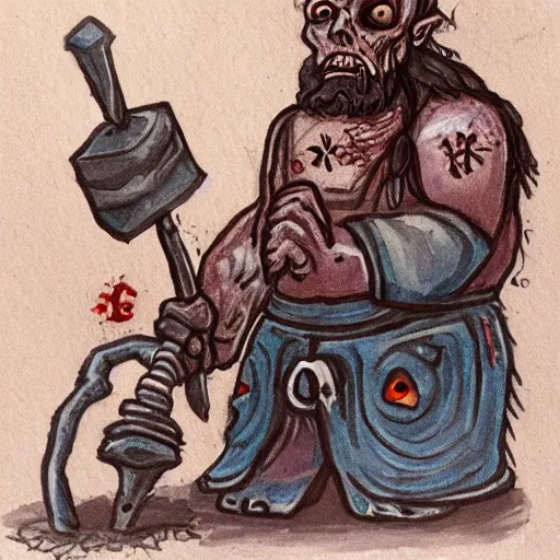 Prompt: gouache of a dwarf necromancer fixing up a zombie