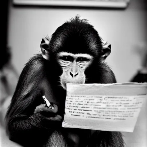 Prompt: a monkey writing a bestseller on a 8 0 s computer, smoking a cigarette. dark noir room. black and white. 1 9 2 0 aesthetic. old film grain. soft light from a table lamp. high detailed film look.