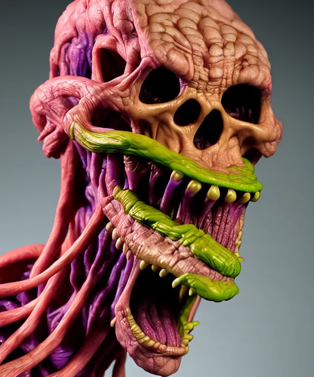 Image similar to hyperrealistic rendering, cronenberg flesh monster skeletor by art of skinner and richard corben and jeff easley, product photography, action figure, sofubi, studio lighting, colored gels