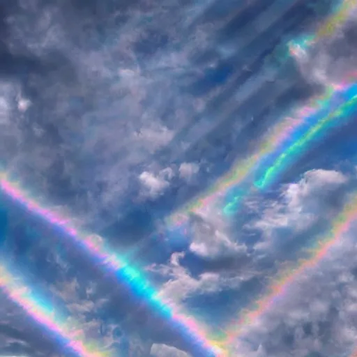 Image similar to a photo of the sky, there are puffy clouds and prismatic cracks crisscrossing the sky