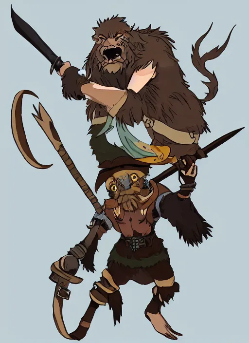 Image similar to bugbear ranger, black beard, dungeons and dragons, hunters gear, flames, character design on white background, by studio ghibli, makoto shinkai