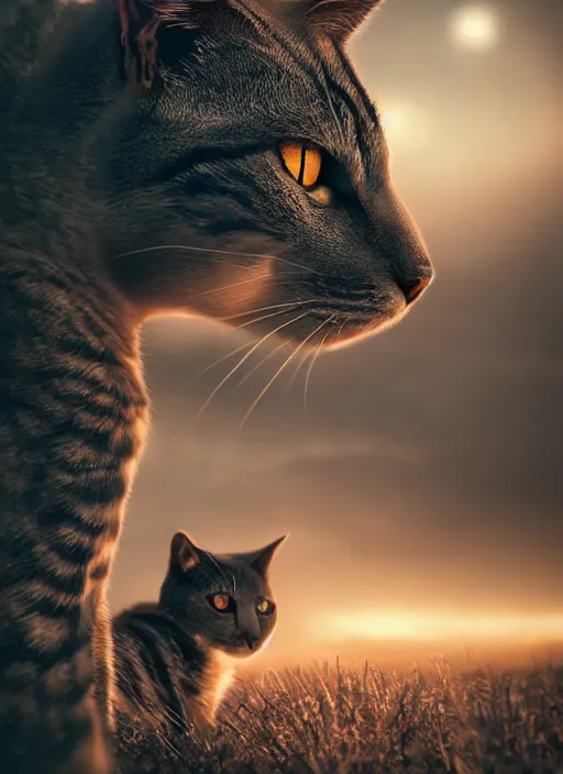 Image similar to giant cyborg cat on a dusky land, cinematic shot, intricate, ornate, photorealistic, ultra detailed, trending artstaition, realistic, 1 0 0 mm, photography, octane, high definition, depth of field, bokeh, 8 k