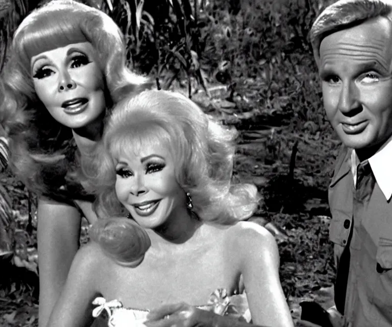 Prompt: barbara eden is a guest - star on an episode of gilligan's island, video still