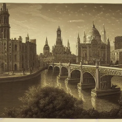 Image similar to a beautiful print of a cityscape with tall spires and delicate bridges. by george tice, by giovanni battista gaulli desaturated, ornate