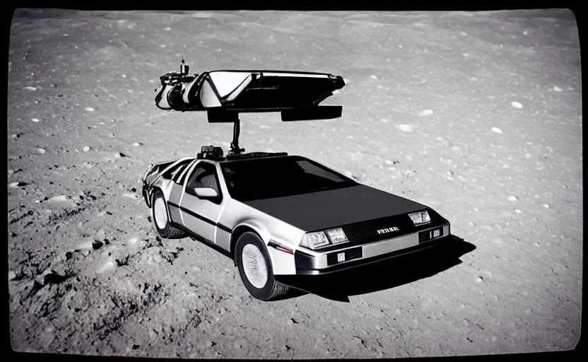 Image similar to a delorean on the moon taken from a super 8 camera, retro, album cover, 8 0 s