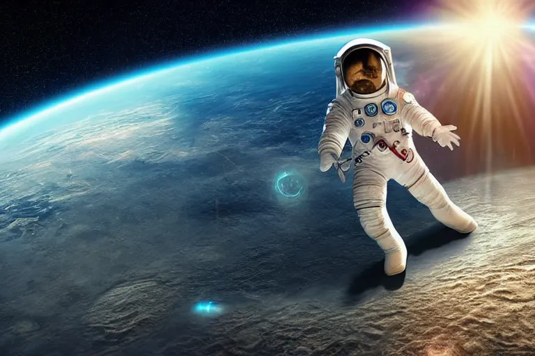 Image similar to still fullbody photo of sad albert einstein in spacesuit in space, flying island at background, flat earth on elephants and turtle at background, highly detailed, photorealistic shot, bright studio setting, studio lighting, crisp quality and light reflections, unreal engine 5 quality render