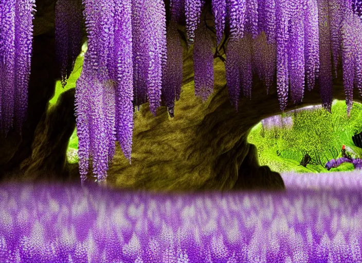 Image similar to a small wisteria tree on an island in a river in an underground cave. fantasy magic style. highly detailed 8 k. intricate. lifelike. soft light. sony a 7 r iv 5 5 mm. cinematic post - processing