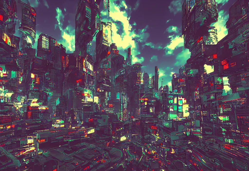 Prompt: pixels cyberpunk walls with distorted clouds, 16 bits videogame, low quality, low contrast, RGB displacement, color gradient, heavy compression filter,