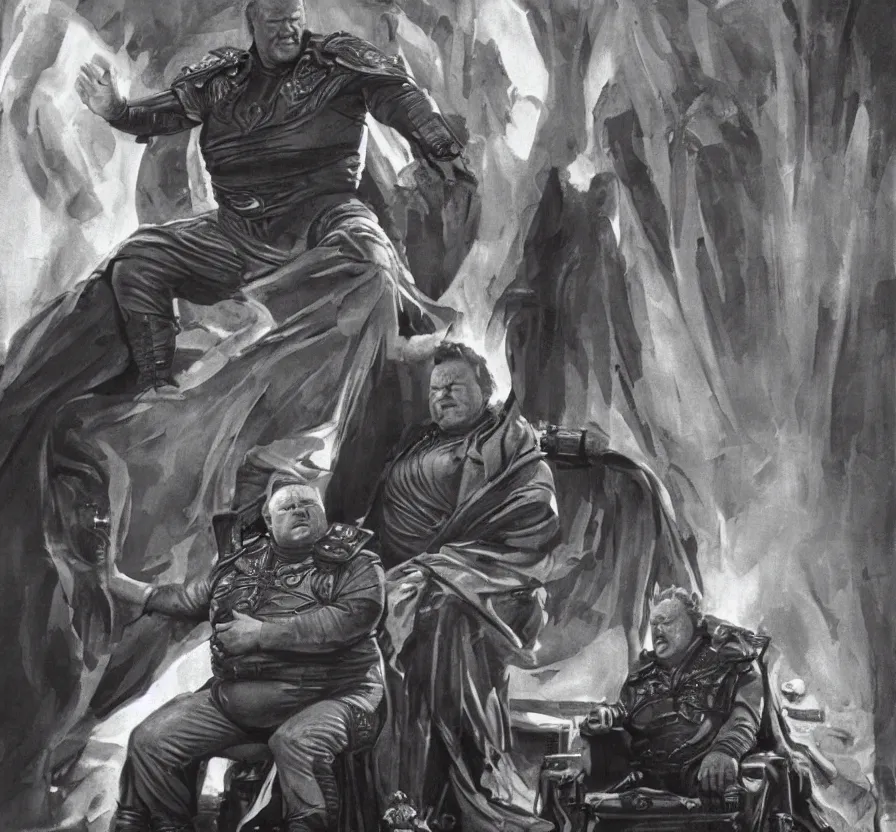 Image similar to ray winstone as baron harkonnen sitting on throne in dystopian science fiction hall in 1982 movie dune, by boris vallejo