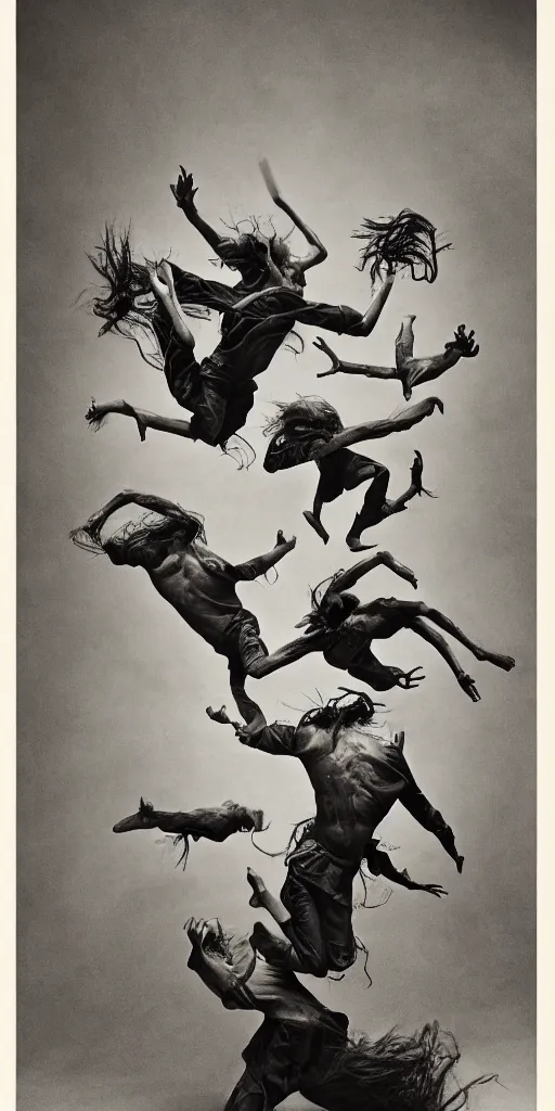 Image similar to a jumping old 3 headed man, 6 eyes with 3 heads and 6 eyes, long hair, jumping, by annie leibovitz