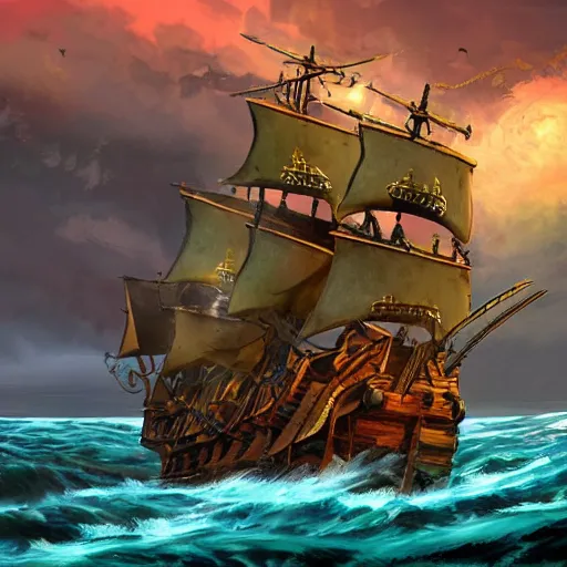 Image similar to a pirate ship near shore, by Bill Tiller, game concept art, colorful