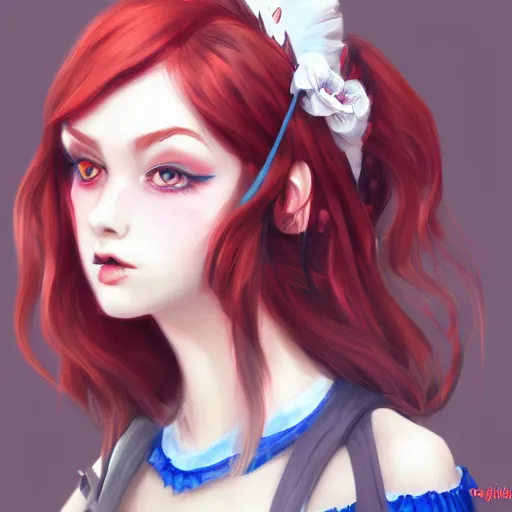 Image similar to a girl wearing lolita clothes, red hair, blue eyes, highly detailed, digital painting, artstation, concept art, smooth, sharp focus, illustration