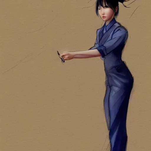 Image similar to a perfect, realistic professional digital sketch of a Chinese schoolgirl posing, in style of Marvel, full length, by pen and watercolor, by a professional American senior artist on ArtStation, a high-quality hollywood-style sketch, on high-quality paper