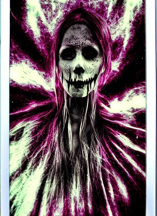 Prompt: gothic soul - spirit with galaxy dead eyes, random decor of necro blast, psycho colors veins, realistic flavor, twisted sorrow fade soft, polaroid 1 0 1