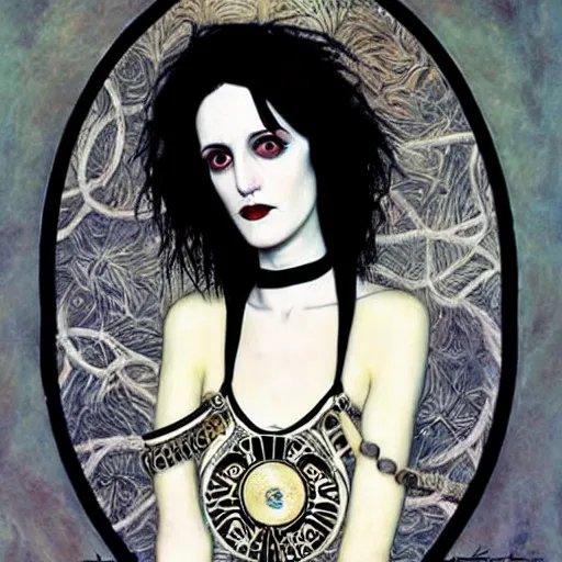 Image similar to death, a young and beautiful pale goth girl wearing a black vest and black punk hair, an ankh medallion hangs around her neck. the actress winona ryder, portrait by joshua middleton and gustav klimt, vertigo comic