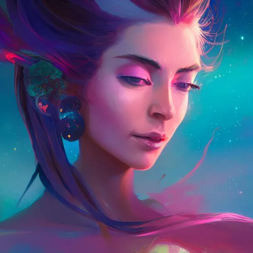 Image similar to portrait of beautiful woman with magical nebula hair, maya ali mage, gloomhaven, dynamic lighting, gaudy colors, octane render aesthetic, matte painting concept art, official fanart behance hd artstation by jesper ejsing, by rhads and makoto shinkai and lois van baarle and ilya kuvshinov and rossdraws