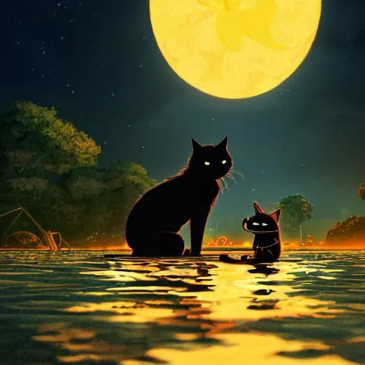 Prompt: a wholesome animation creative key shot of a black cat sailing a boat in the night, full shot, studio ghibli, pixar and disney animation, sharp, rendered in unreal engine 5, anime key art by greg rutkowski, bloom, dramatic lighting