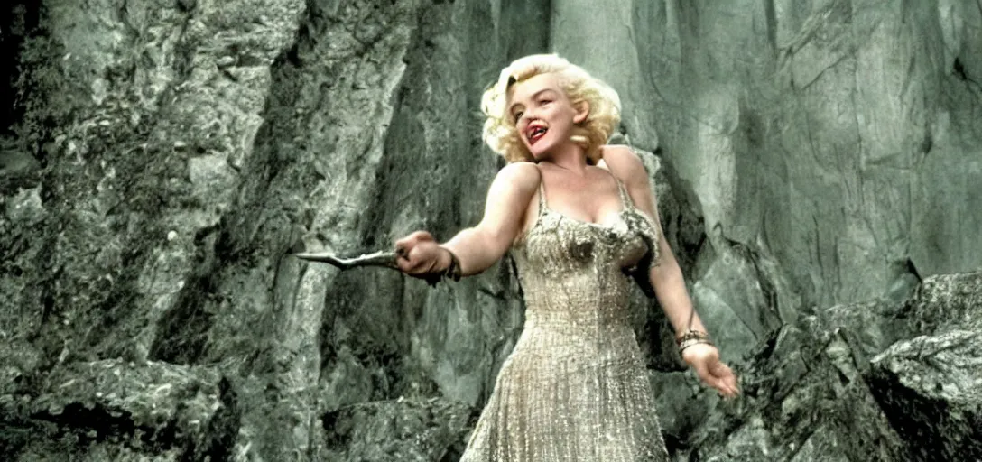 Prompt: still of marilyn monroe as arwen in the lord of the rings : the two towers ( 2 0 0 2 )