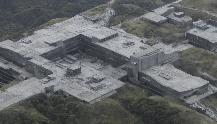 Image similar to big brutalist imperial military base on cliffs, drawing architecture, very long shot, top angle, imperial architecture in rogue one, pritzker architecture prize, brutalism architecture, jan urschel, roger deakins