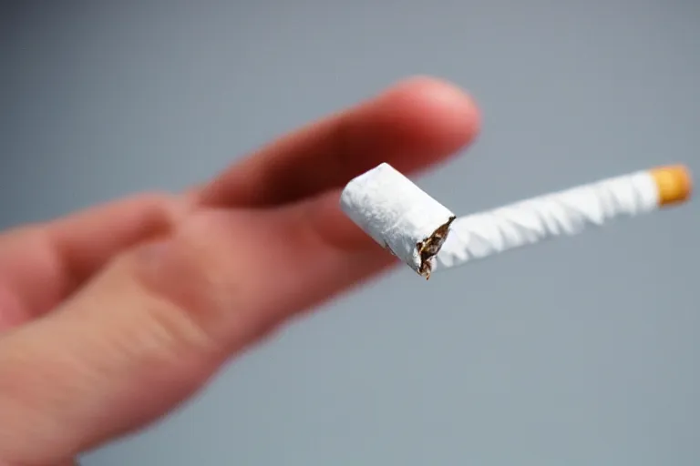 Image similar to Close-up of cigarette in five fingers, thin soft hand holding cigarette, hyper realistic, photographic style