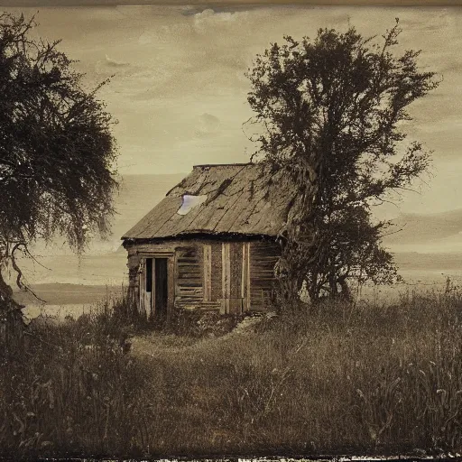 Prompt: a beautifuly detailed oil painting of an abandoned old cottage some distance from the water by ansel adams tintype 1 8 0 0 s cinematic lighting,