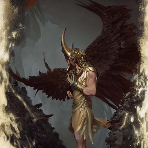 Image similar to full body shot of a male god with feathered wings on his shoulder, standing in front of a gate, digital art by raymond swanland and peter mohrbacher, 8 k,