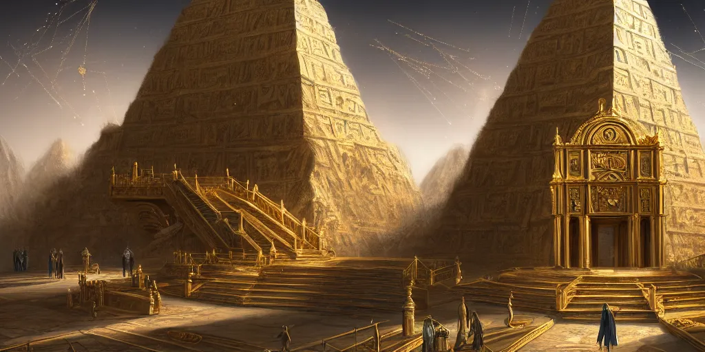 Prompt: a monumental golden stair is the centerpiece of an ancient tomb that is surrounded by diamonds, there are archways, buttresses, and monuments, matte oil painting, science fantasy, retrofuturism, sharp focus, extremely detailed, 4 k