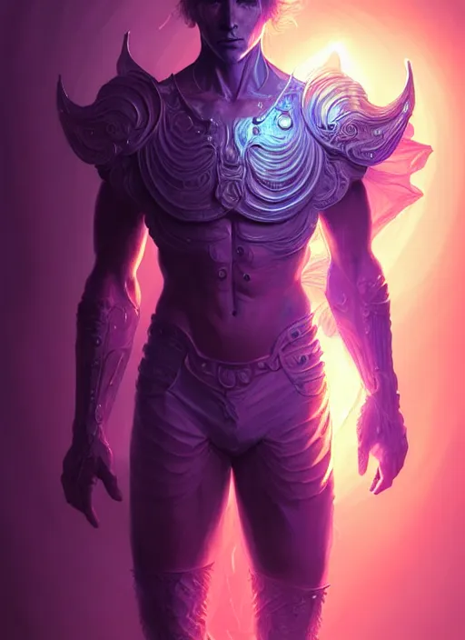 Image similar to a faceless masculine humanoid adventurer made of liquefied stardust, dnd fantasy character, full body portrait, glowing neon skin, magical aura, ultra realistic, intricate, elegant, highly detailed, digital painting, artstation, smooth, sharp, focus, illustration, art by artgerm and greg rutkowski and alphonse mucha