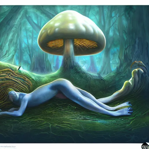 Image similar to sleep paralysis while on mushrooms, astral realm, mushroomcore, naturecore, biopunk, high quality art, digital art, extreme detail, masterpiece