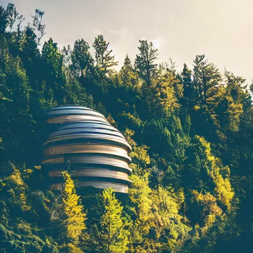 Image similar to sci fi round buildings in a steep sided valley with trees, a sense of hope and optimism, stark light, day time, unsplash, national geographic, hd, high res