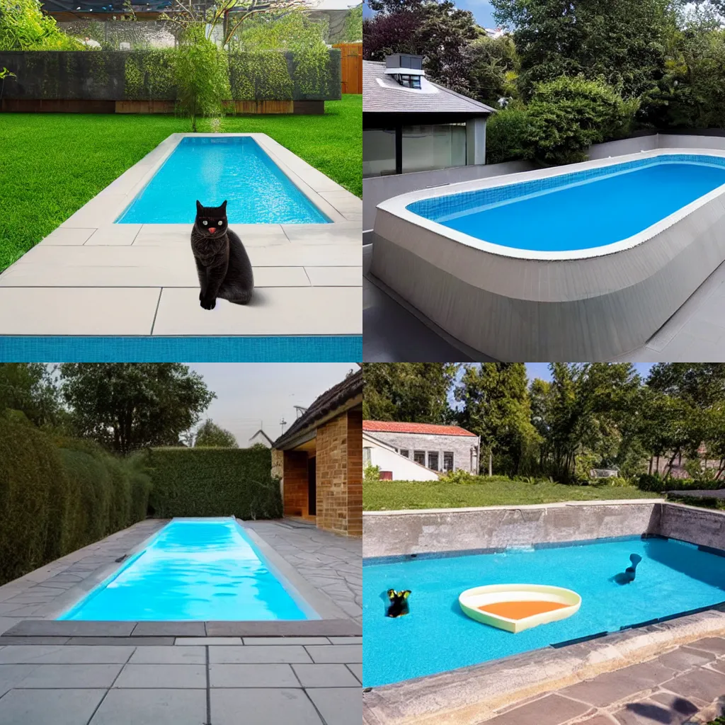 Prompt: a swimming pool in the shape of a cat, a swimming pool imitating a cat, exterior