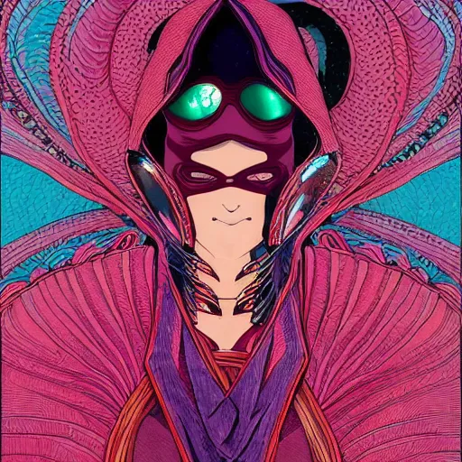 Image similar to beautiful portrait of the mysterious masked figure, futuristic, vogue cover, vogue poses, beautiful ornamental silk cape, intricate, highly detailed, masterful, fantasy world, sci fi world, in the style of moebius, akira toriyama, jean giraud, 8 k