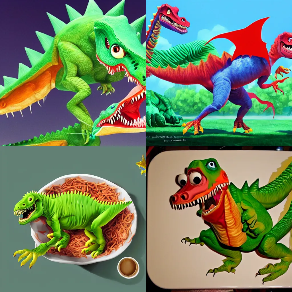 Prompt: a wonton rapper raptor, food dinosaur, dinosaur made of food, painting by pixar, dreamworks, cg, cartoon character