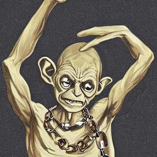 Image similar to Gollum covered in rings and gold chains and medallions in a dark forest, cinematic, foggy atmosphere, enthusiastically showing off his jewelry, photograph