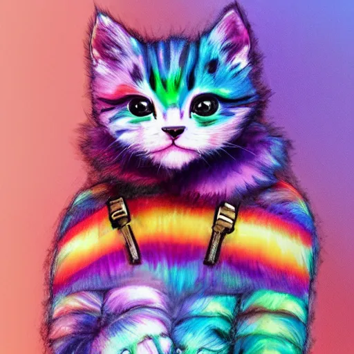 Image similar to wide angle full body, jacket wearing fluffy cute rainbow kitten wearing a black leather motorcycle jacket, concept art