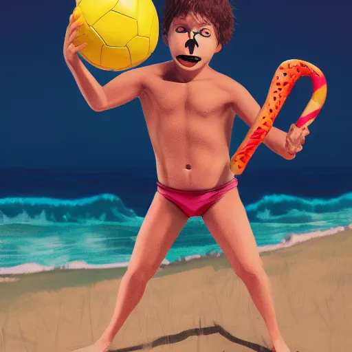 Image similar to Michael Meyers on the beach in swimming trunks with pineapple design holding a pink flamingo volleyball, hyperdetailed, artstation, cgsociety, 8k