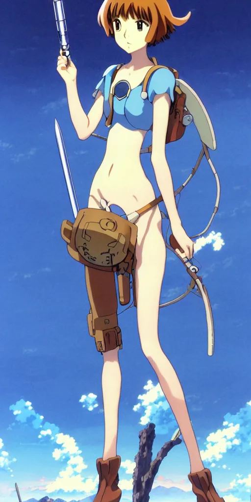 Image similar to anime art full body portrait character nausicaa by hayao miyazaki concept art, anime key visual of elegant young female, short brown hair and large eyes, finely detailed perfect face delicate features directed gaze, valley and mountains background, trending on pixiv fanbox, studio ghibli, extremely high quality artwork by kushart krenz cute sparkling eyes