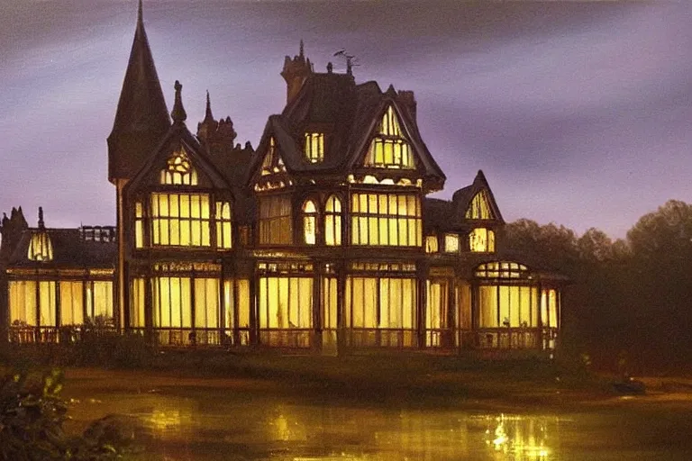 Prompt: a beautiful painting of a victorian house with bay windows, a tower and a greenhouse at night, very detailed by samuel and joseph newsom, harry potter