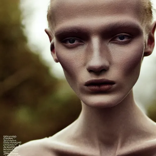 Image similar to a muted colors natural portrait photograph of an extraterrestrial alien model, editorial story, Vogue Italy, editorial photography