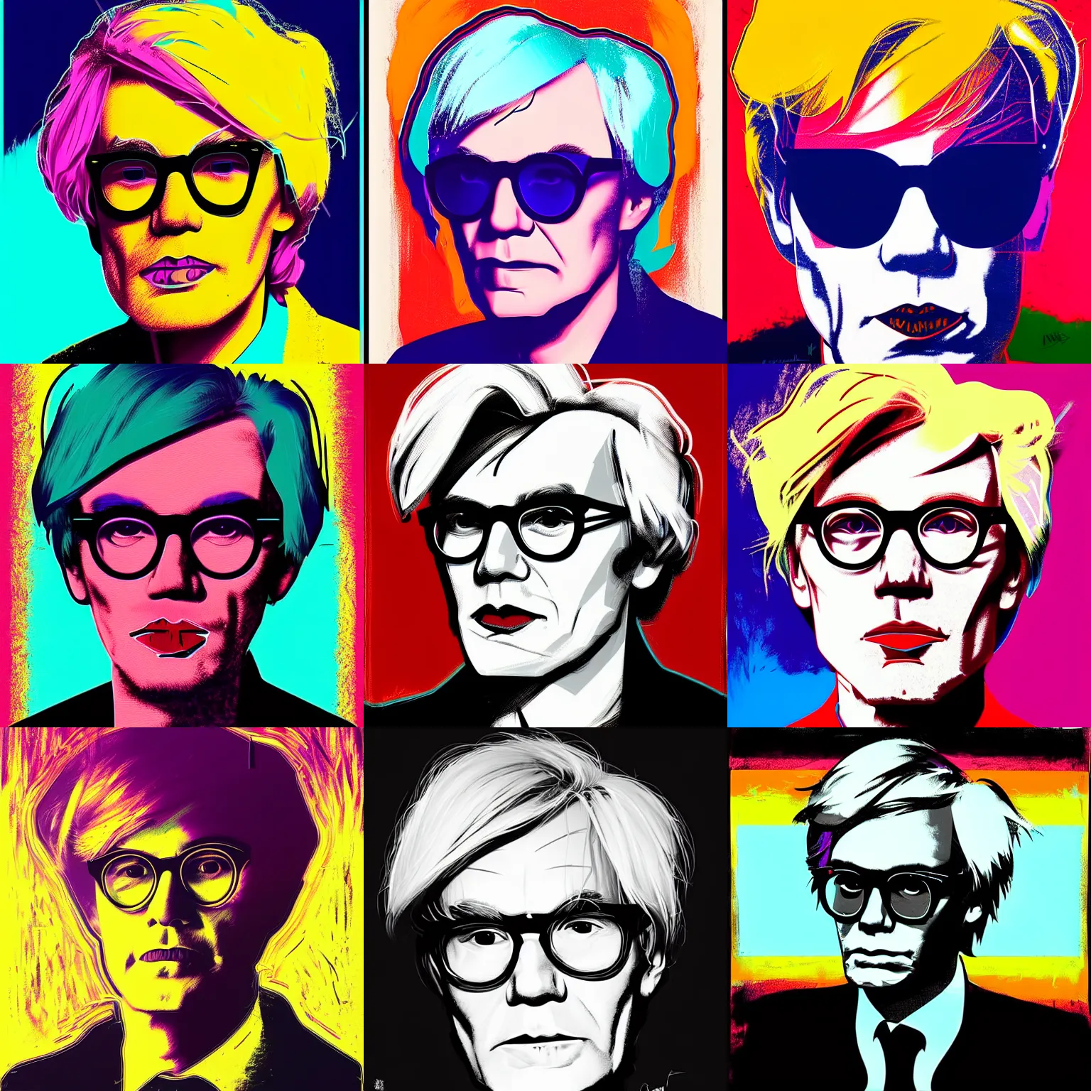 Prompt: portrait of andy warhol in glasses by alena aenami, petros afshar, anato finnstark, peter max, mucha