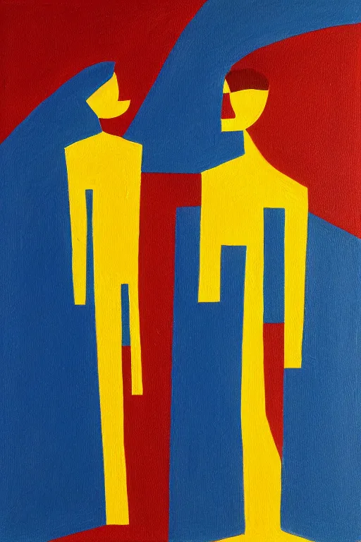 Prompt: neo cubistic painting of two tall figures, sandy yellow colors, in the style of Jessalyn Brooks