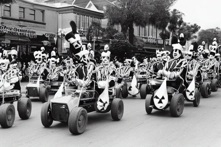 Prompt: a 1955 shriner's parade with people driving hamburger go-carts and a marching band in cat costumes